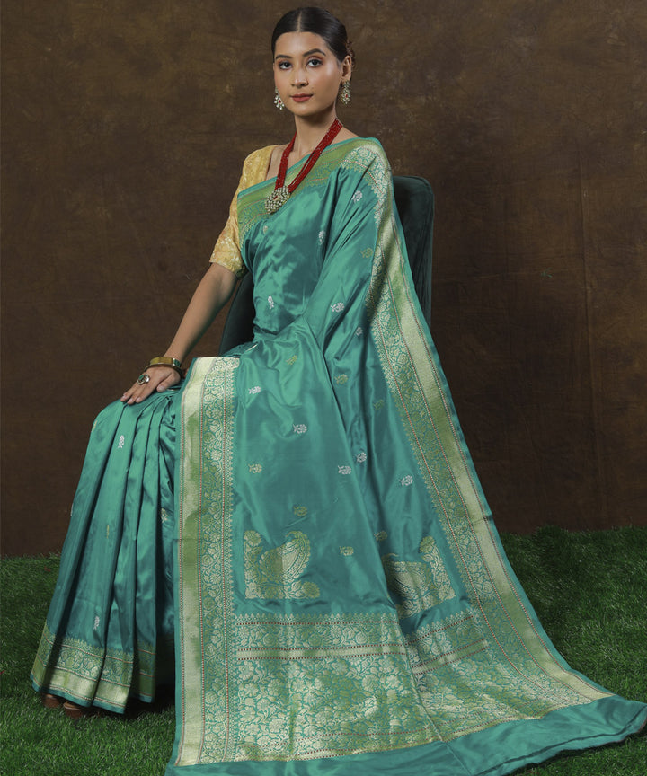 Cyan blue handwoven banarasi silk saree