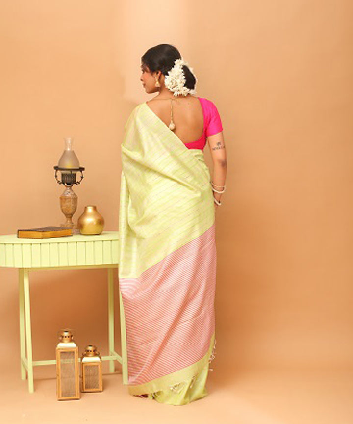 Lime yellow pink chhattisgarh handloom tussar silk saree