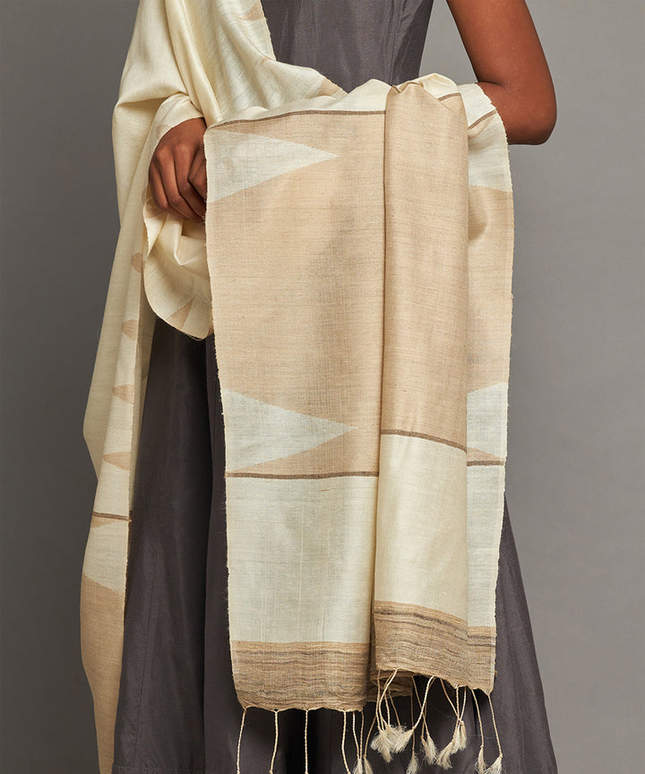 White beige handwoven kosa silk dupatta