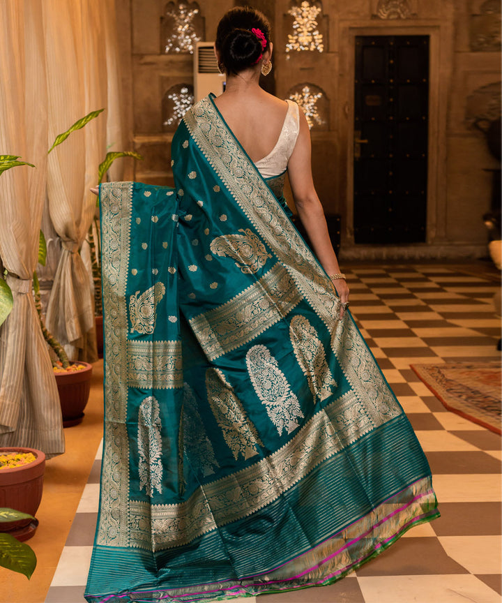 Greenish blue handwoven banarasi silk saree
