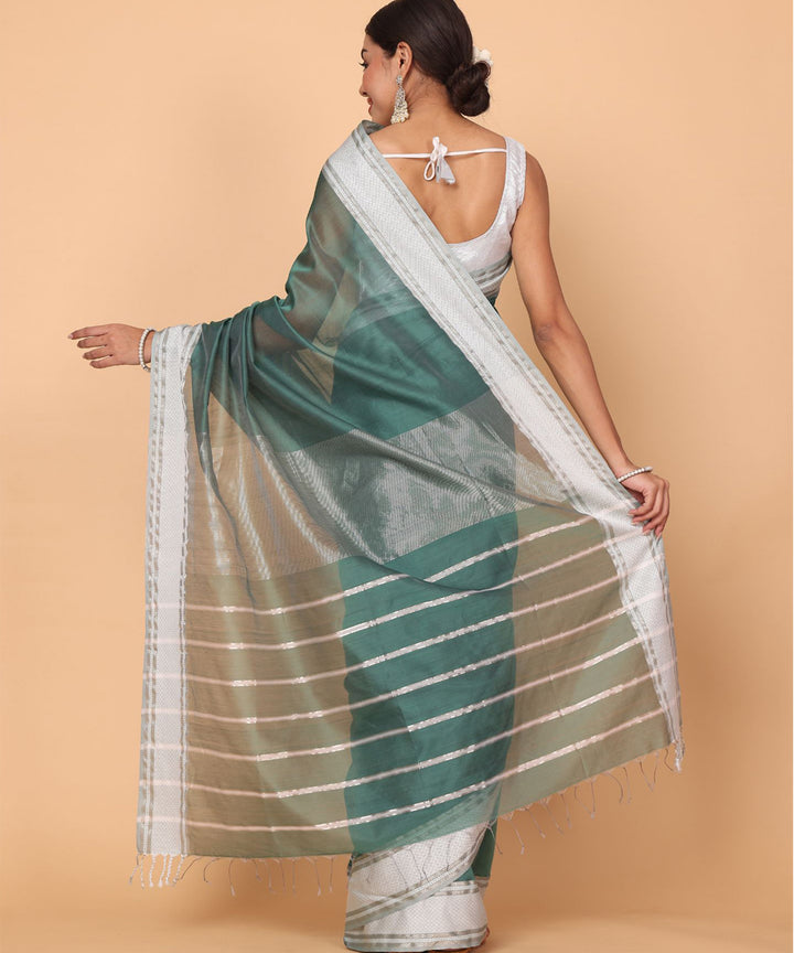 Green offwhite cotton silk handloom maheshwari saree