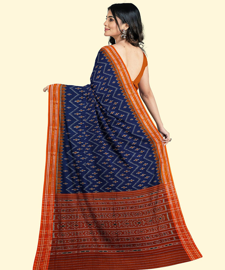 Navy blue orange cotton handwoven nuapatna saree