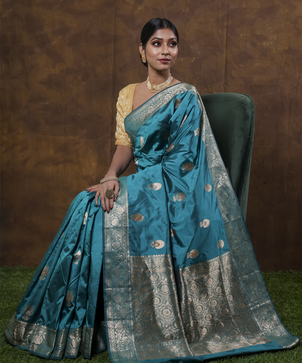 Cyan blue handwoven banarasi silk saree