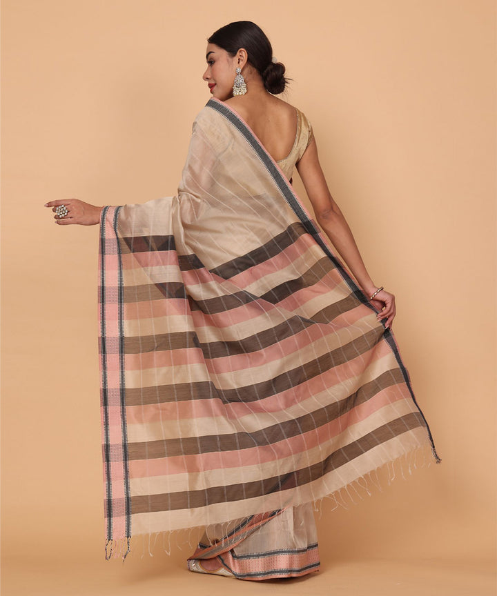 Pinkish grey striped cotton silk handloom maheshwari saree