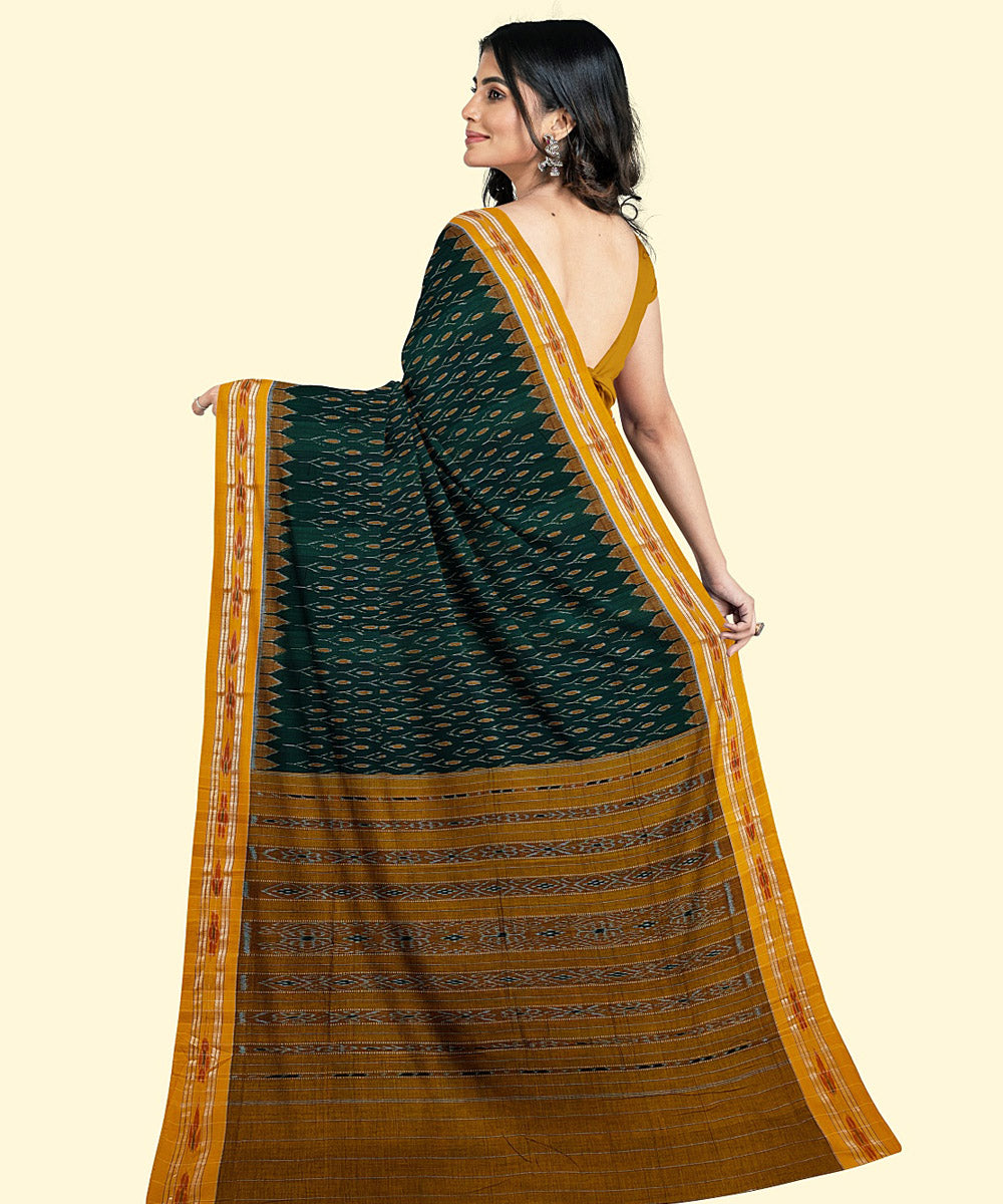 Dark green yellow handwoven cotton nuapatna saree