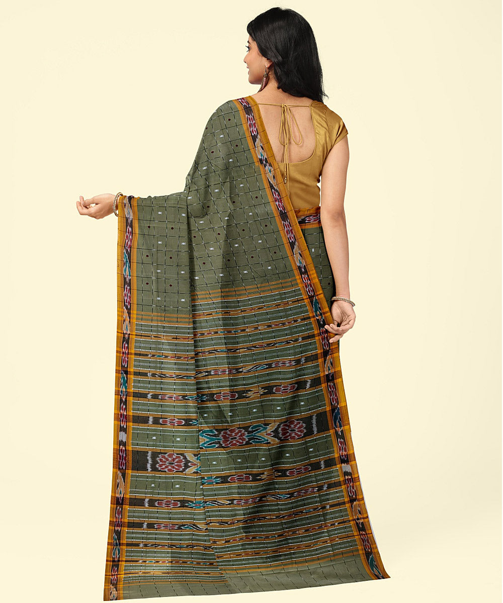 Olive green brown cotton handwoven nuapatna saree