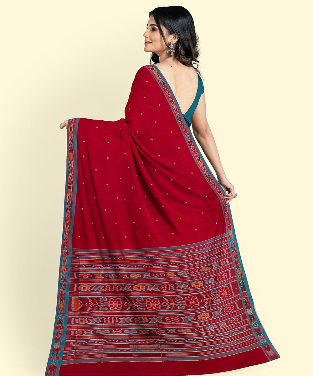 Red cyan blue cotton handwoven nuapatna saree