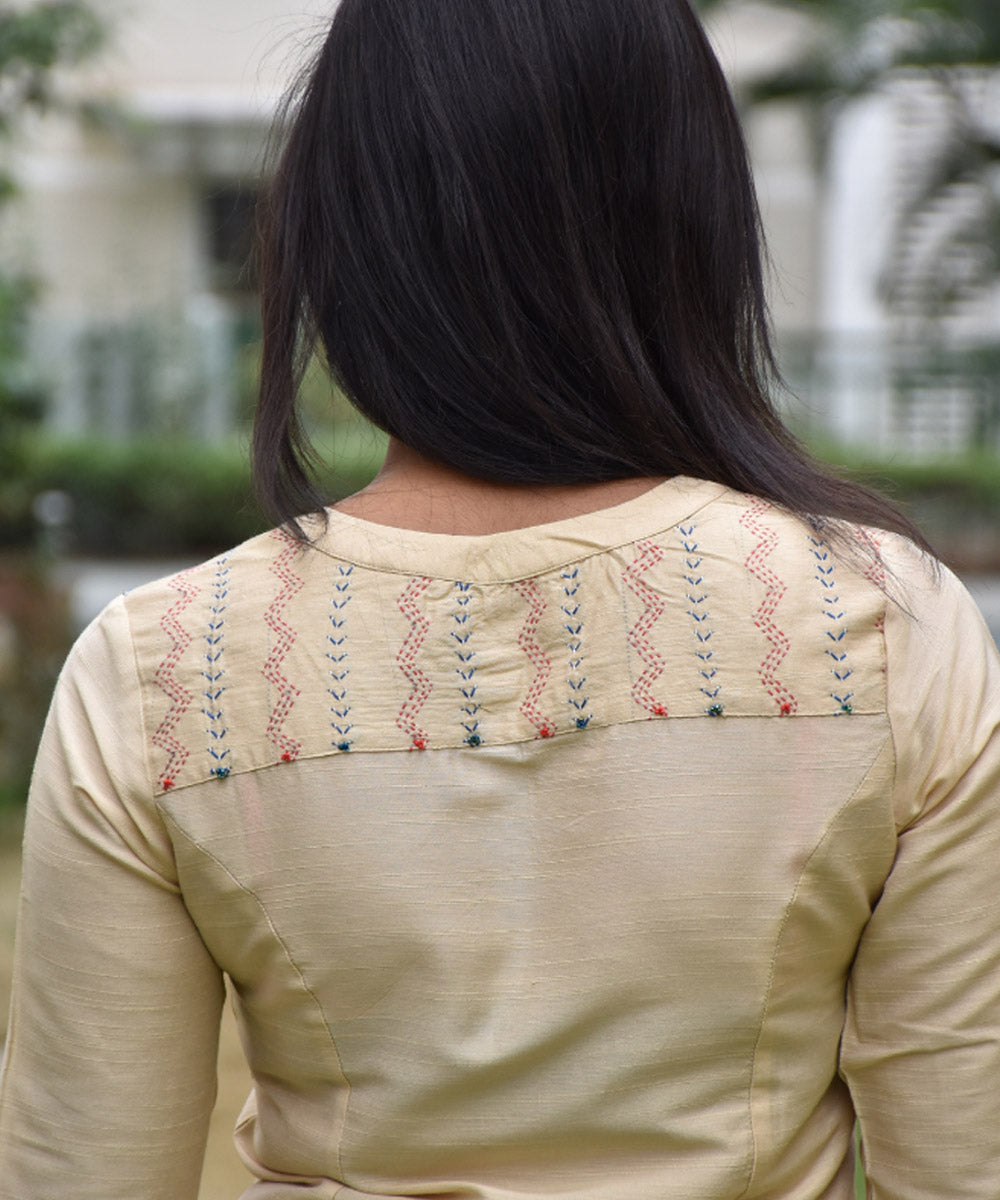 Beige silk hand embroidery tunic