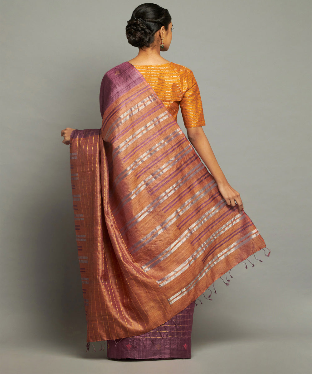 Maroon brown handwoven kosa silk saree