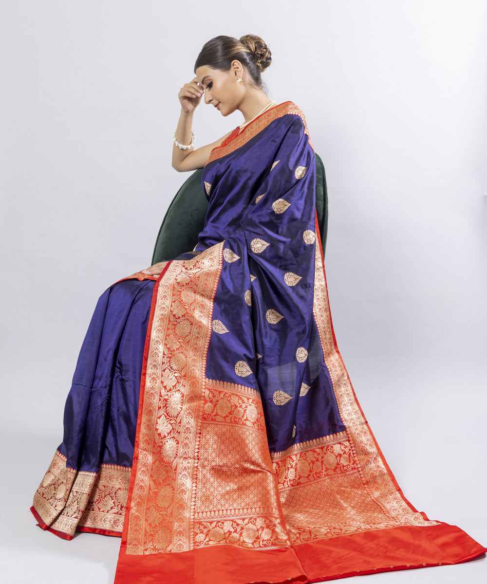 Navy blue red border silk handwoven banarasi saree