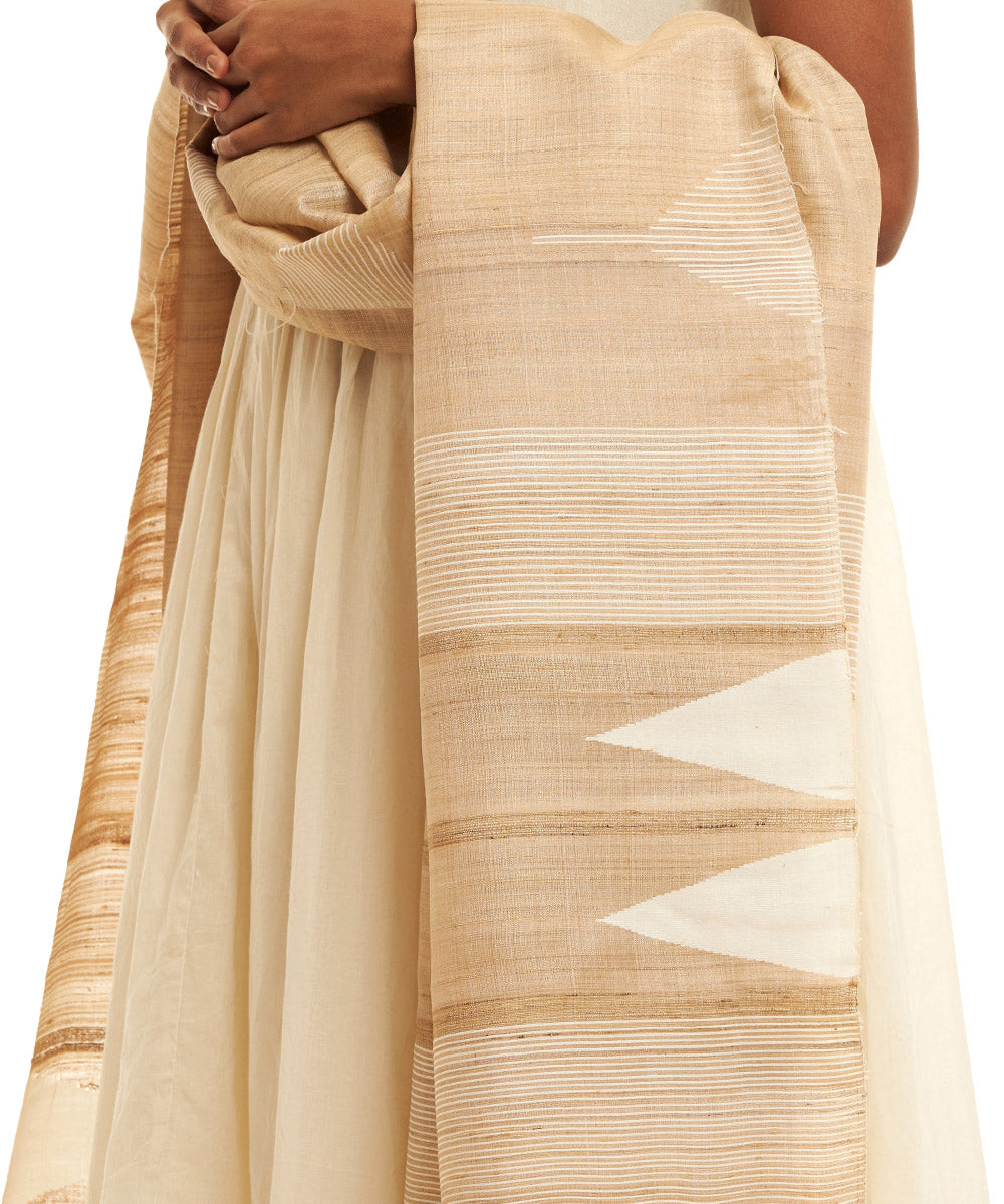 Beige offwhite temple motifs handwoven kosa silk dupatta