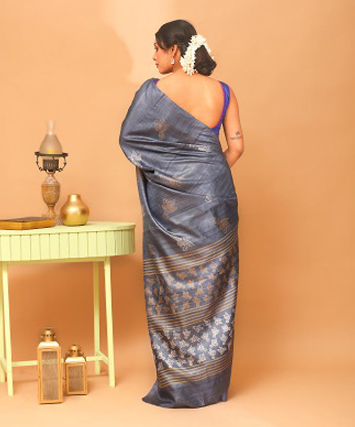 Black grey chhattisgarh handloom tussar silk saree