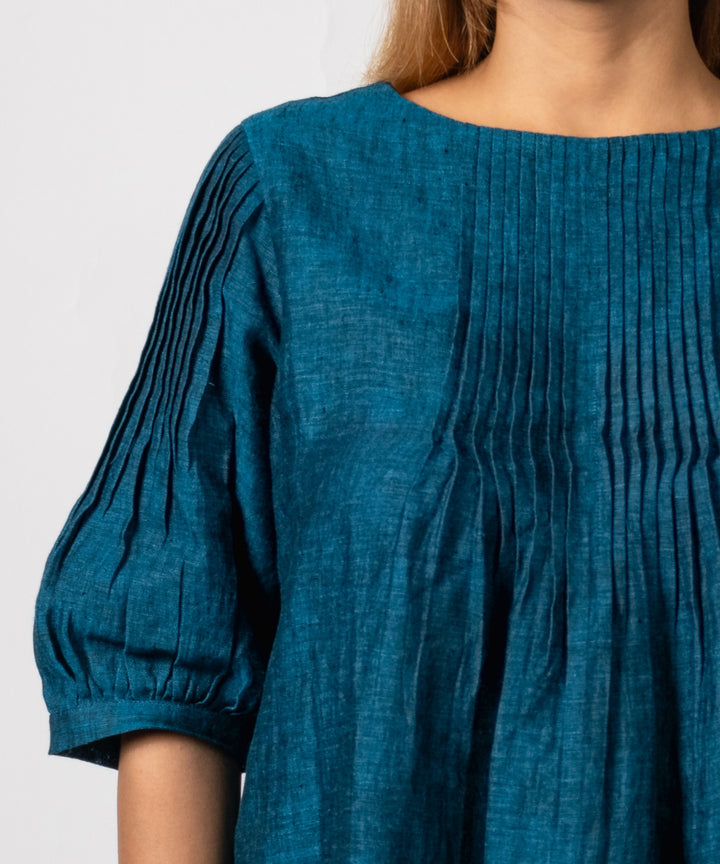 Teal blue handwoven linen dress