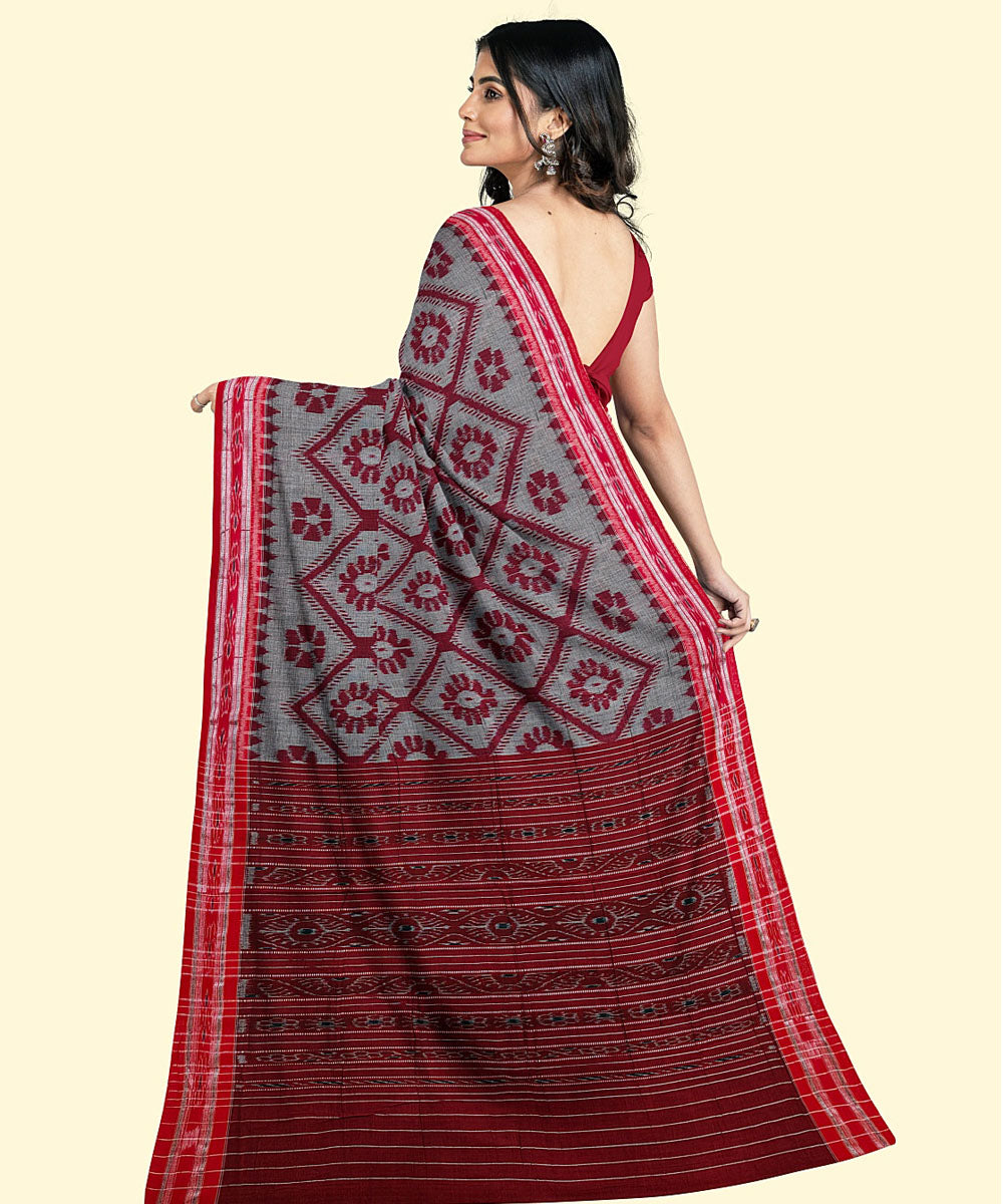 Grey maroon cotton handwoven nuapatna saree