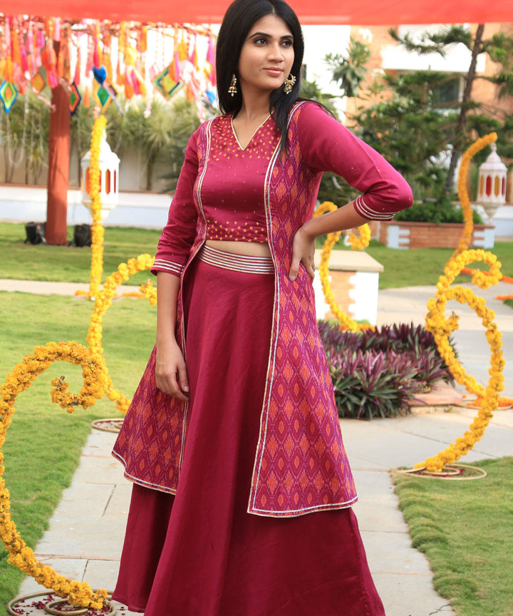 Pink hand embroidery, chanderi, handwoven ikat lehenga set