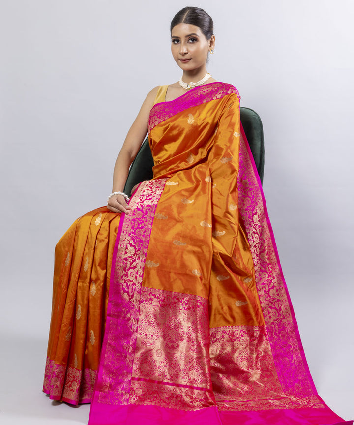 Mustard pink border silk handwoven banarasi saree