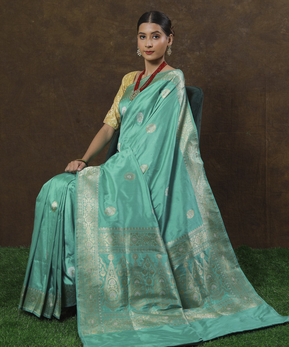 Cyan blue silk handwoven banarasi saree