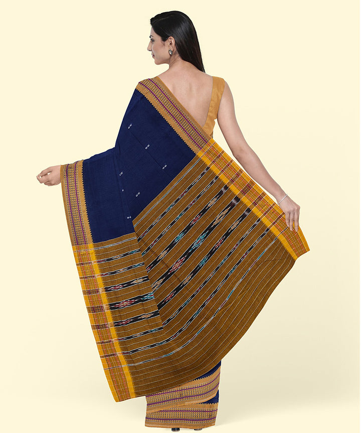 Navy blue yellow cotton handwoven nuapatna saree