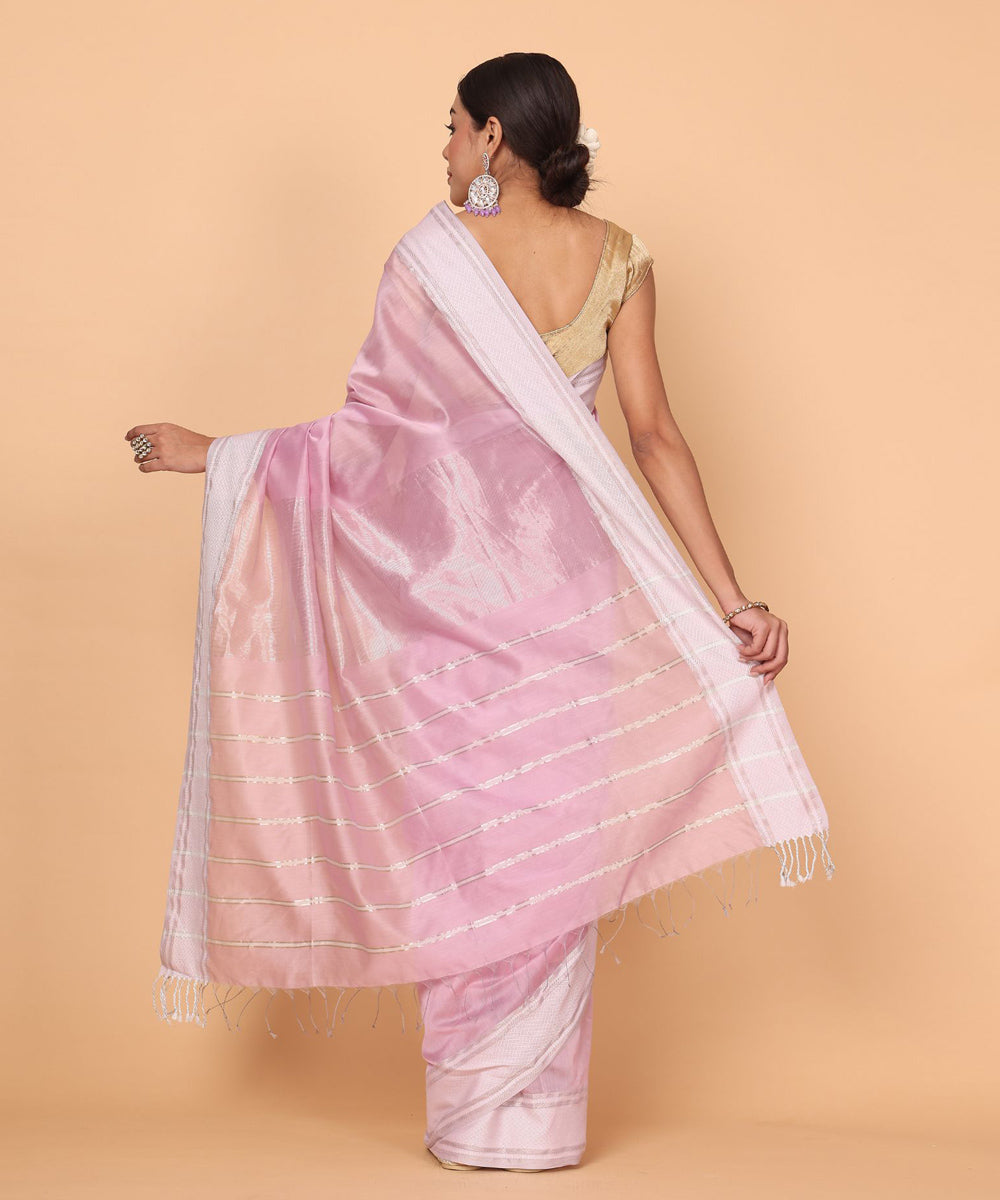 Pink offwhite cotton silk handloom maheshwari saree