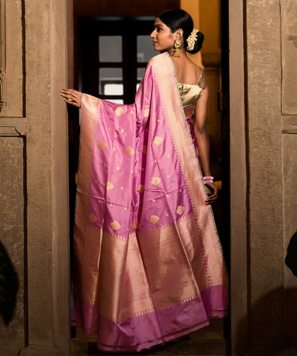 Pink handwoven traditional banarasi silk saree
