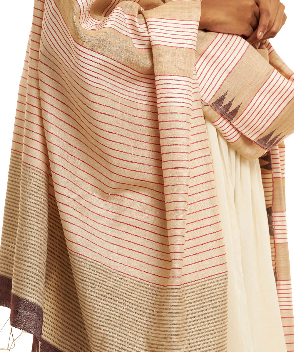 Beige pink striped handwoven kosa silk dupatta