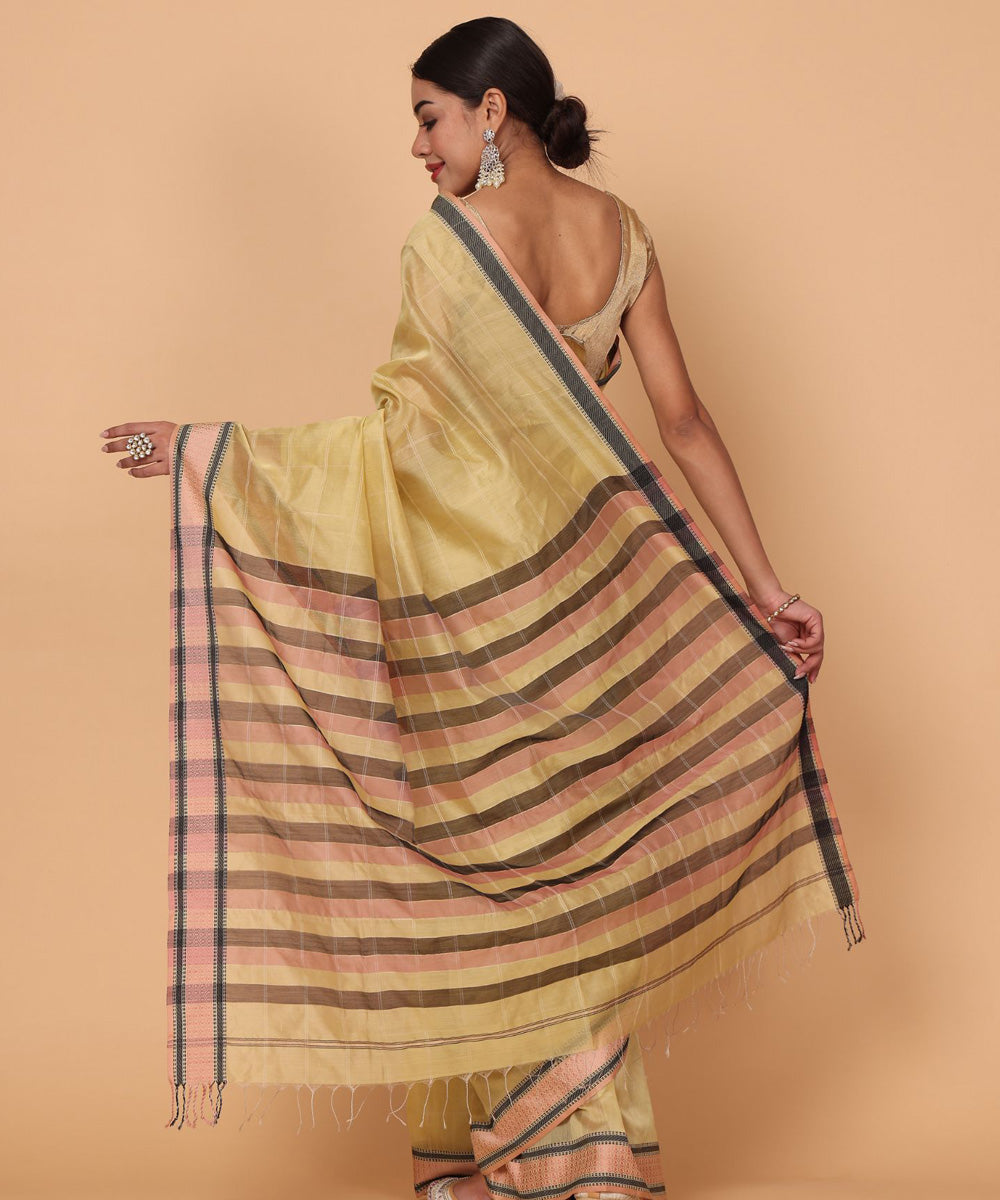 Gold striped pallu cotton silk handloom maheshwari saree