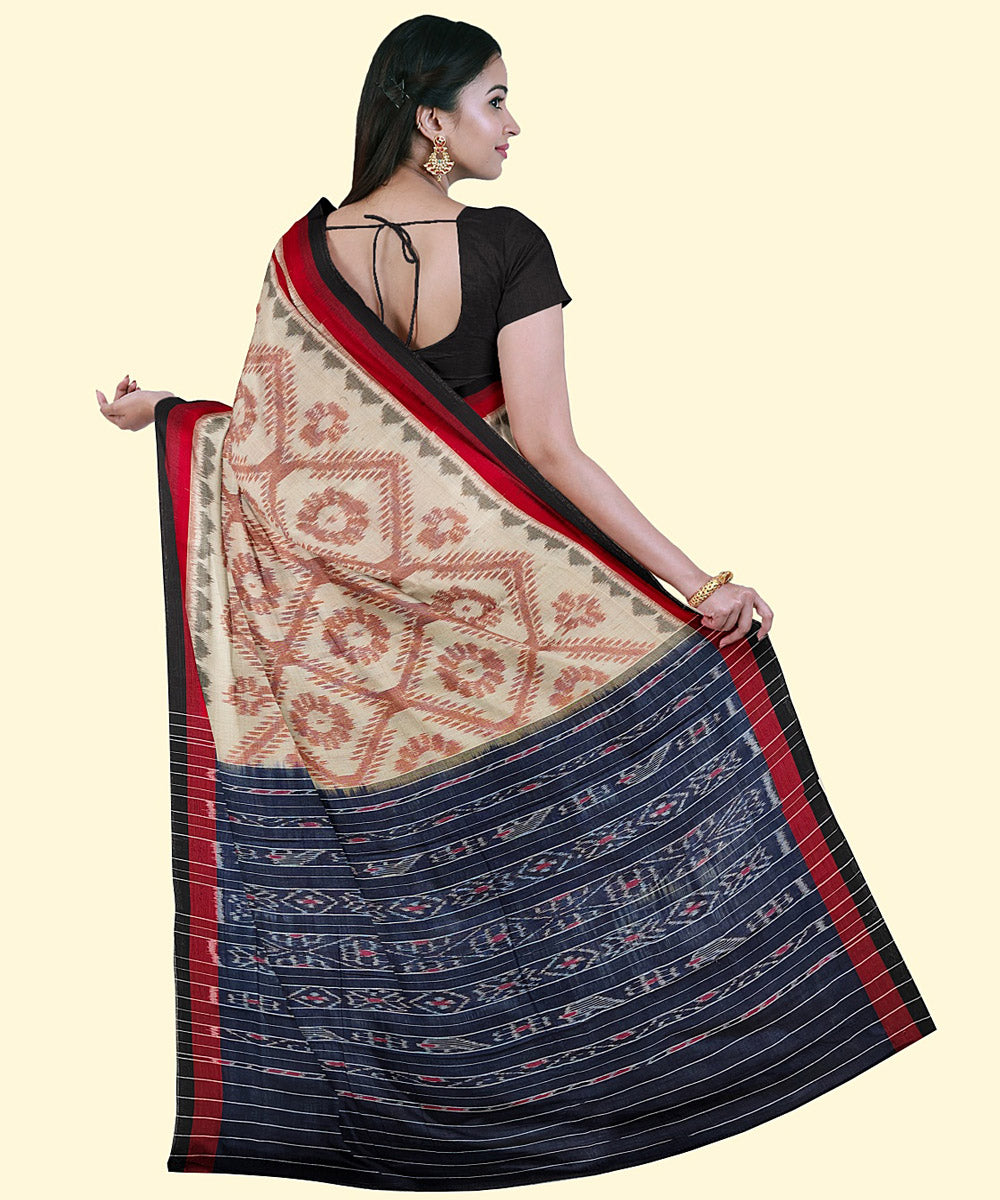 Beige black cotton handwoven nuapatna saree