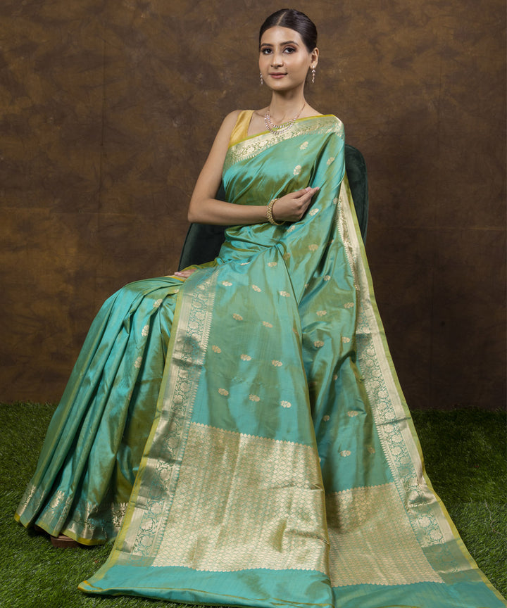 Cyan green silk handwoven banarasi saree