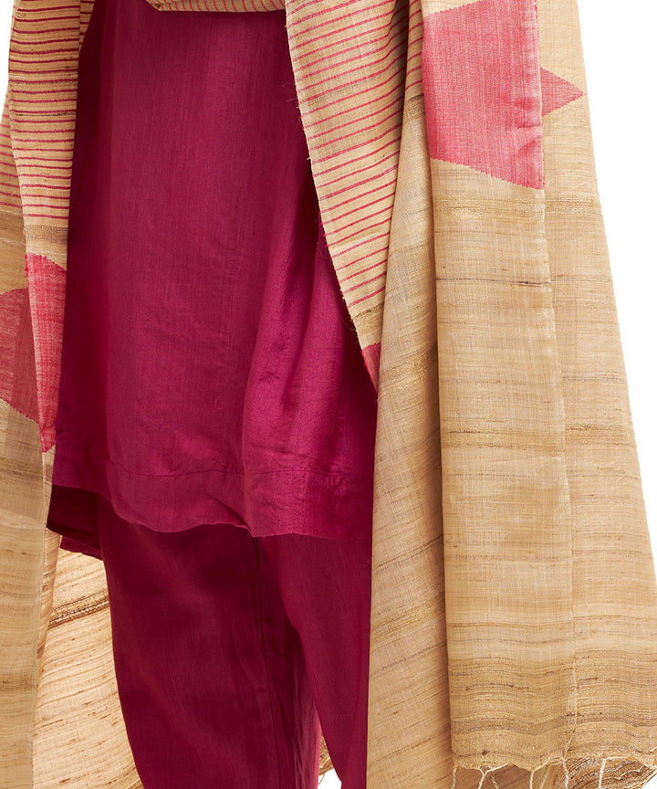 Beige pink temple striped handwoven kosa silk dupatta