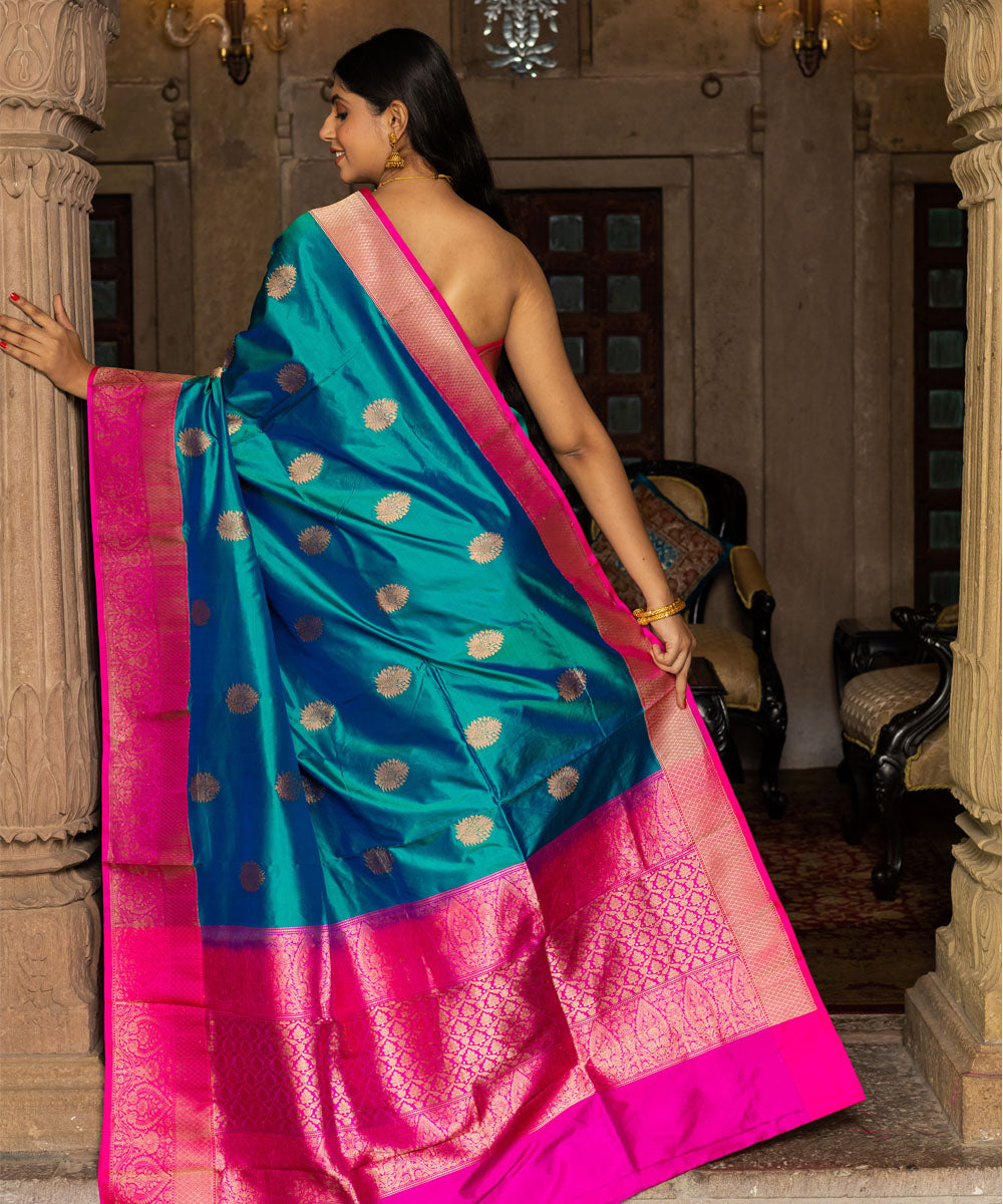 Teal blue pink silk handwoven banarasi saree