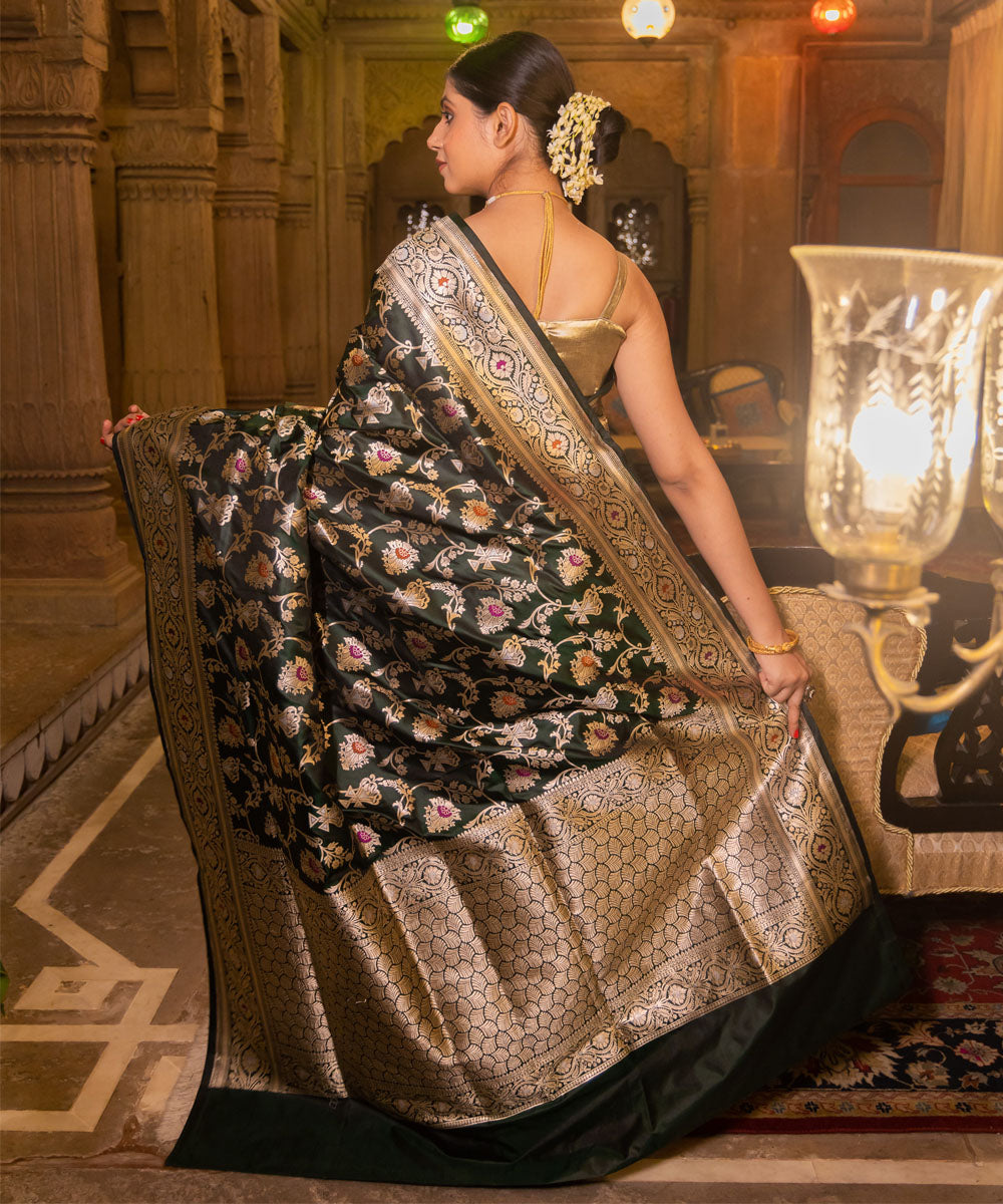 Bottle green handwoven silk banarasi saree