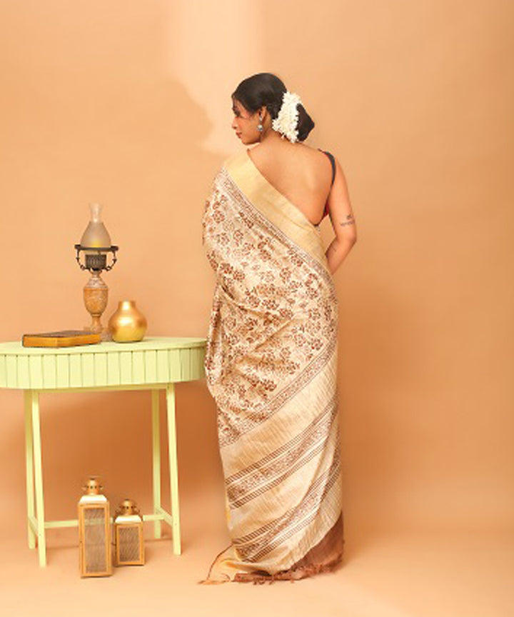 Beige chhattisgarh tussar silk handloom saree