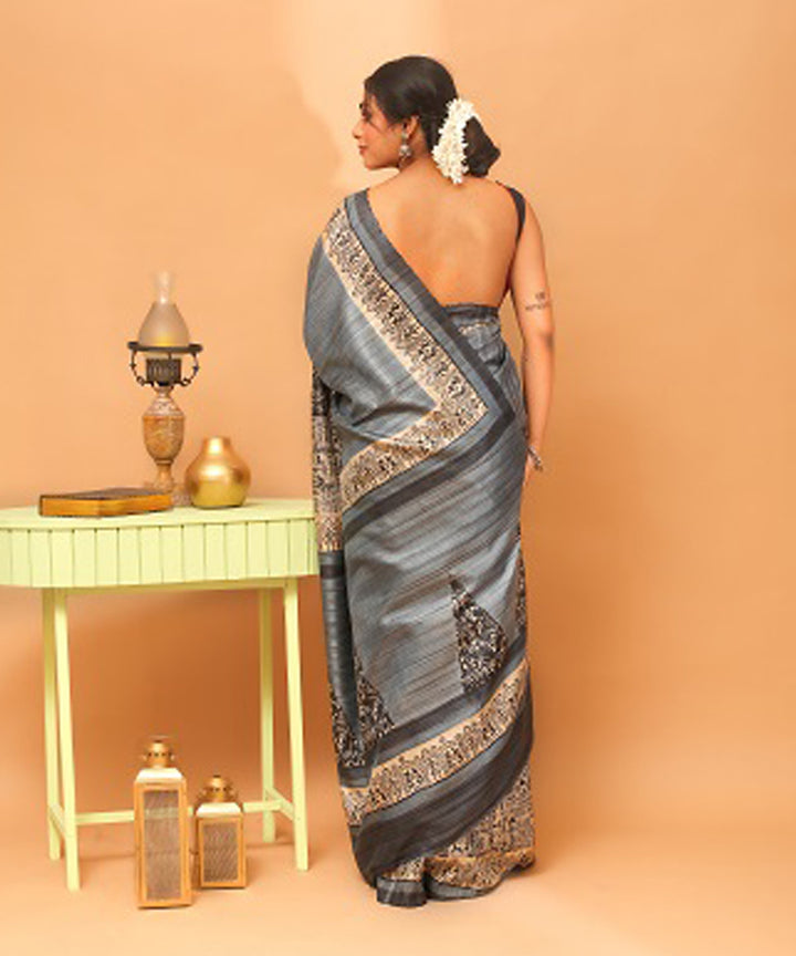 Grey black chhattisgarh handloom tussar silk saree