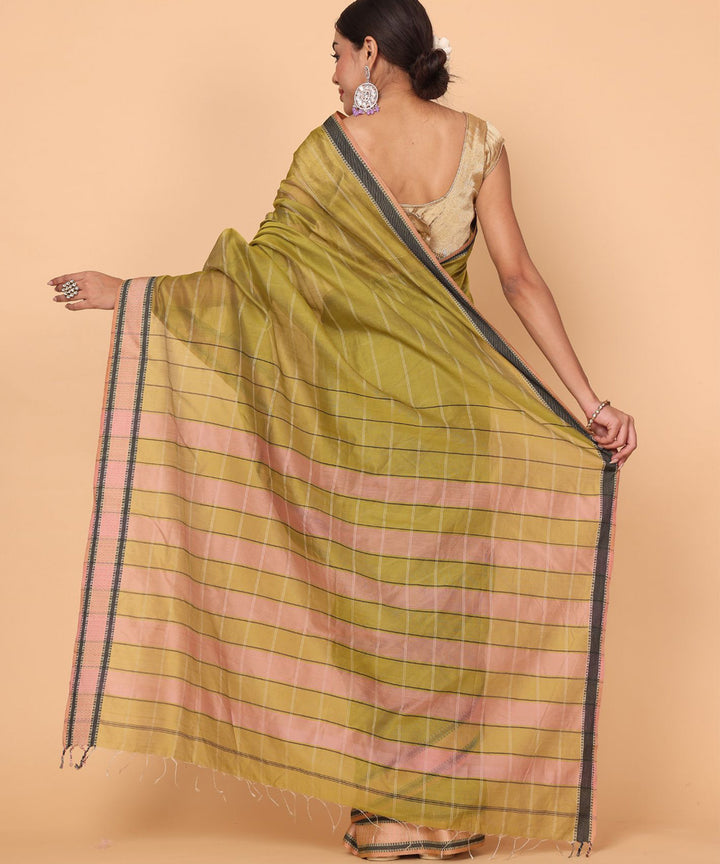 Olive green black cotton silk handloom maheshwari saree