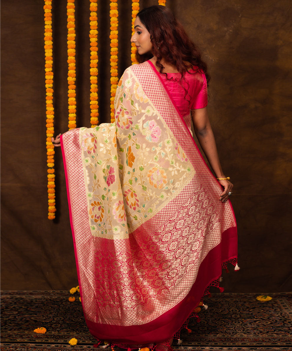 Beige pink silk handwoven banarasi saree