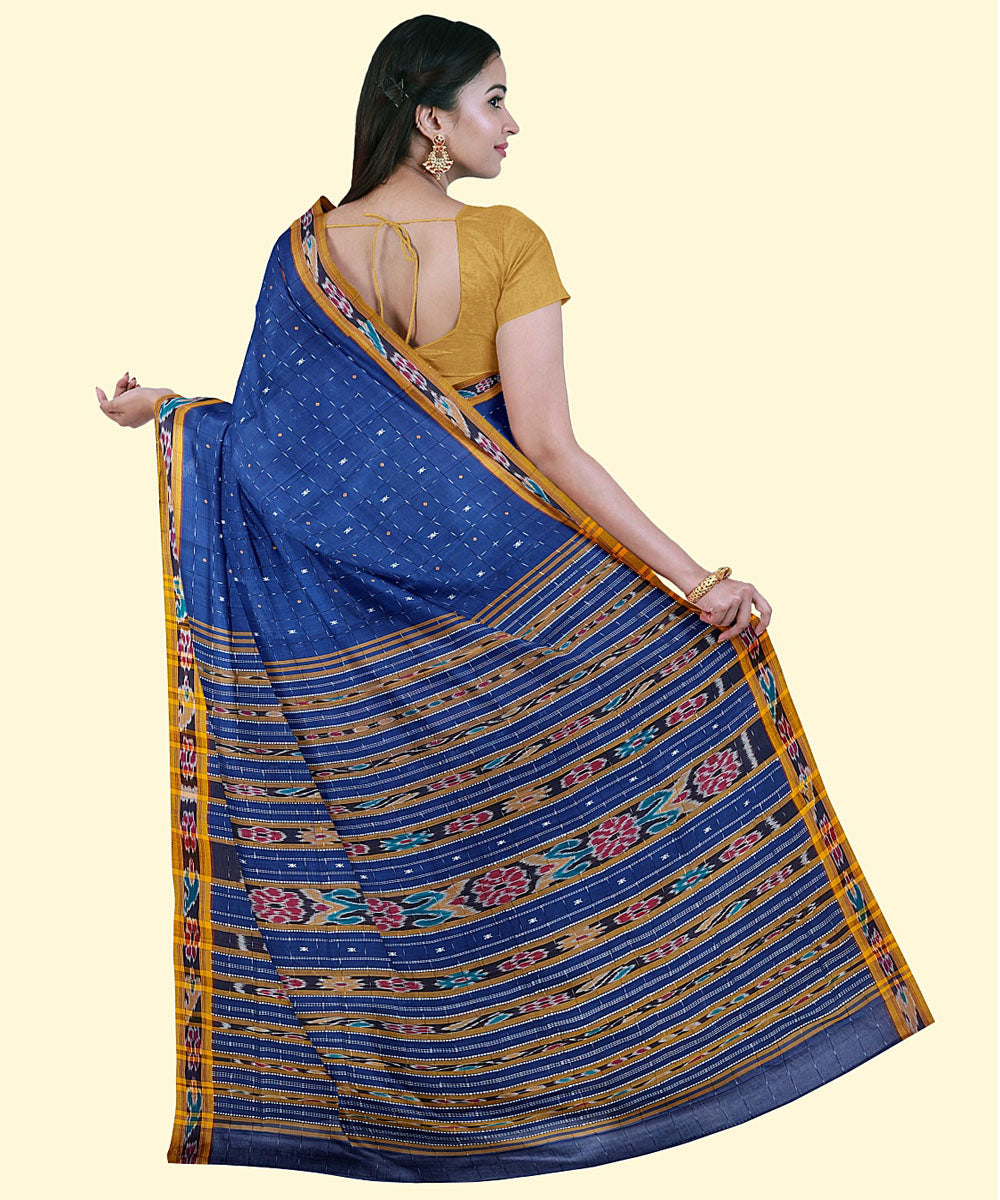 Royal blue yellow cotton handwoven nuapatna saree