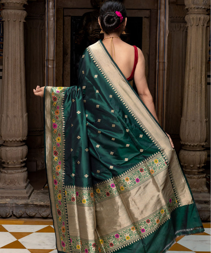Dark green traditional handwoven banarasi silk saree