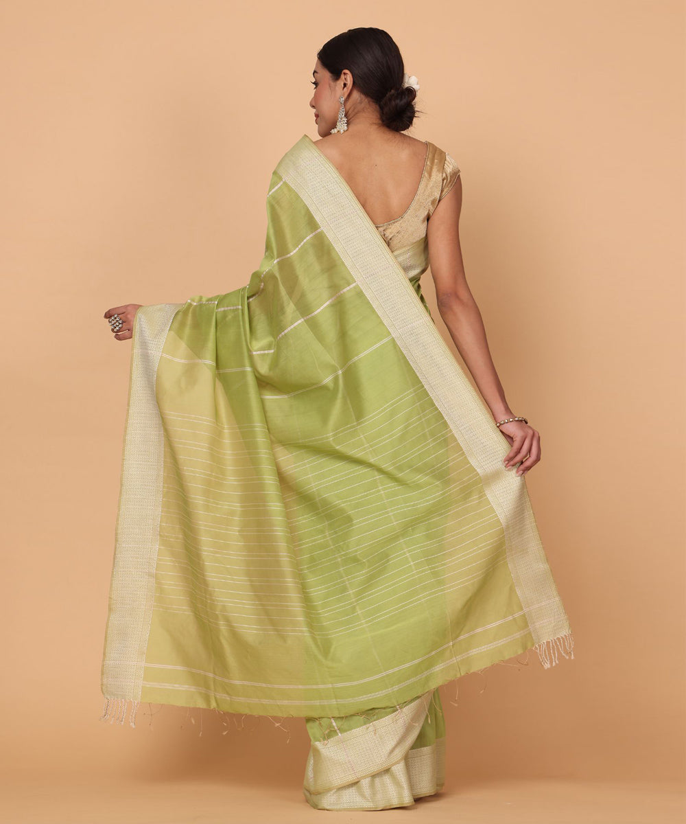 Olive green green cotton silk handloom maheshwari saree