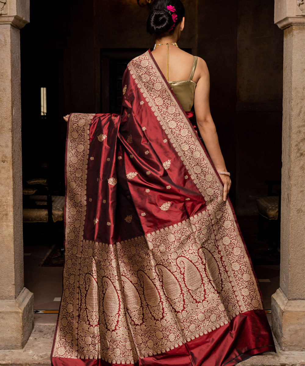 Maroon handwoven silk banarasi saree