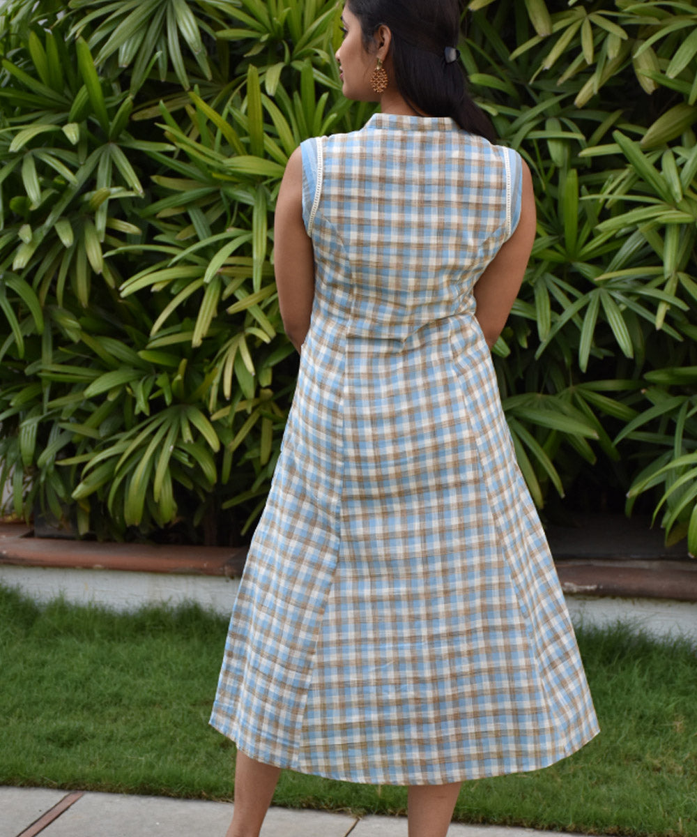 Blue checks and stripes sleeveless cotton dress
