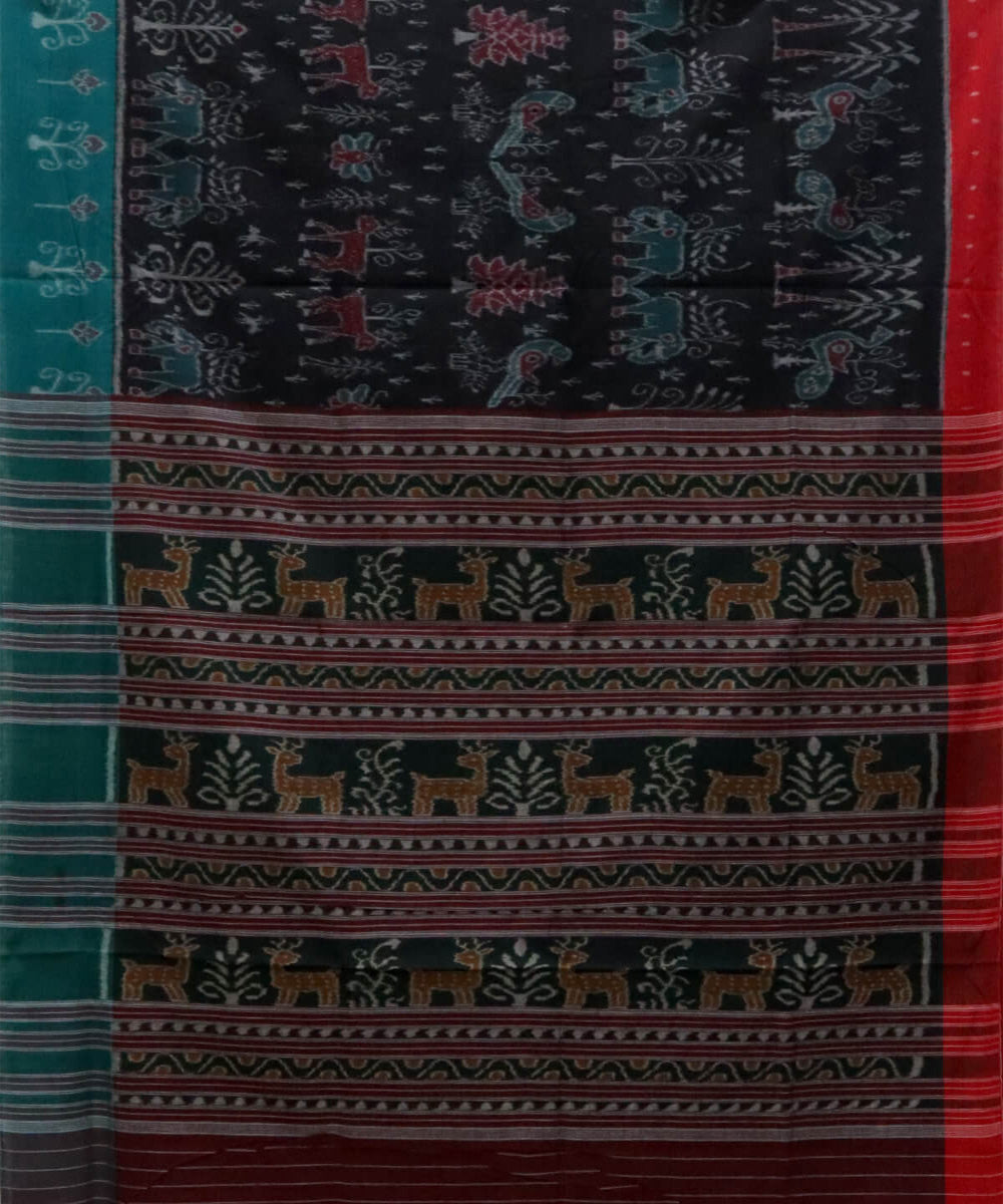 Black multicolour animal motif cotton handwoven nuapatna saree