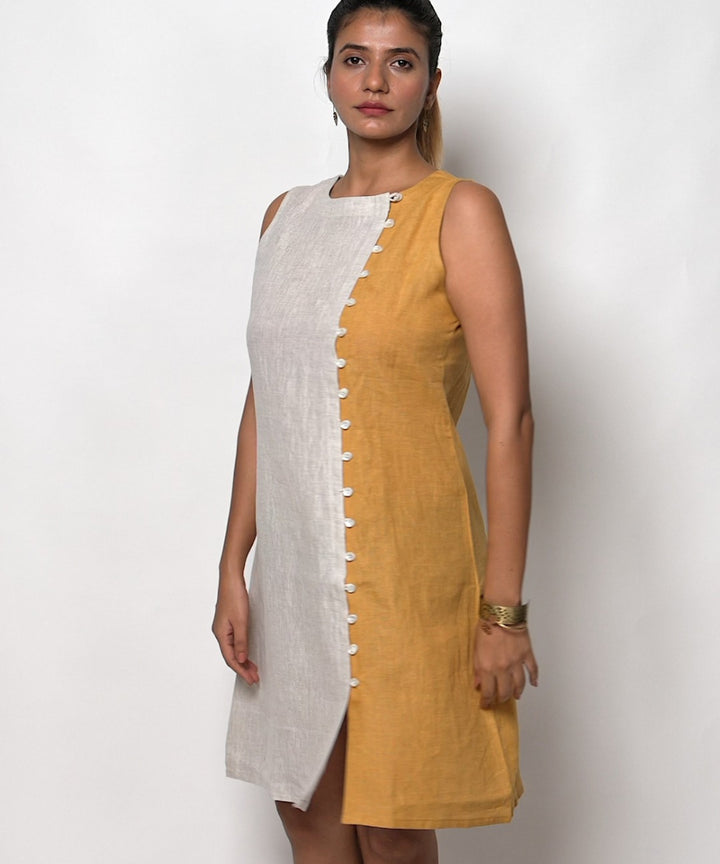 Beige mustard handwoven linen dress
