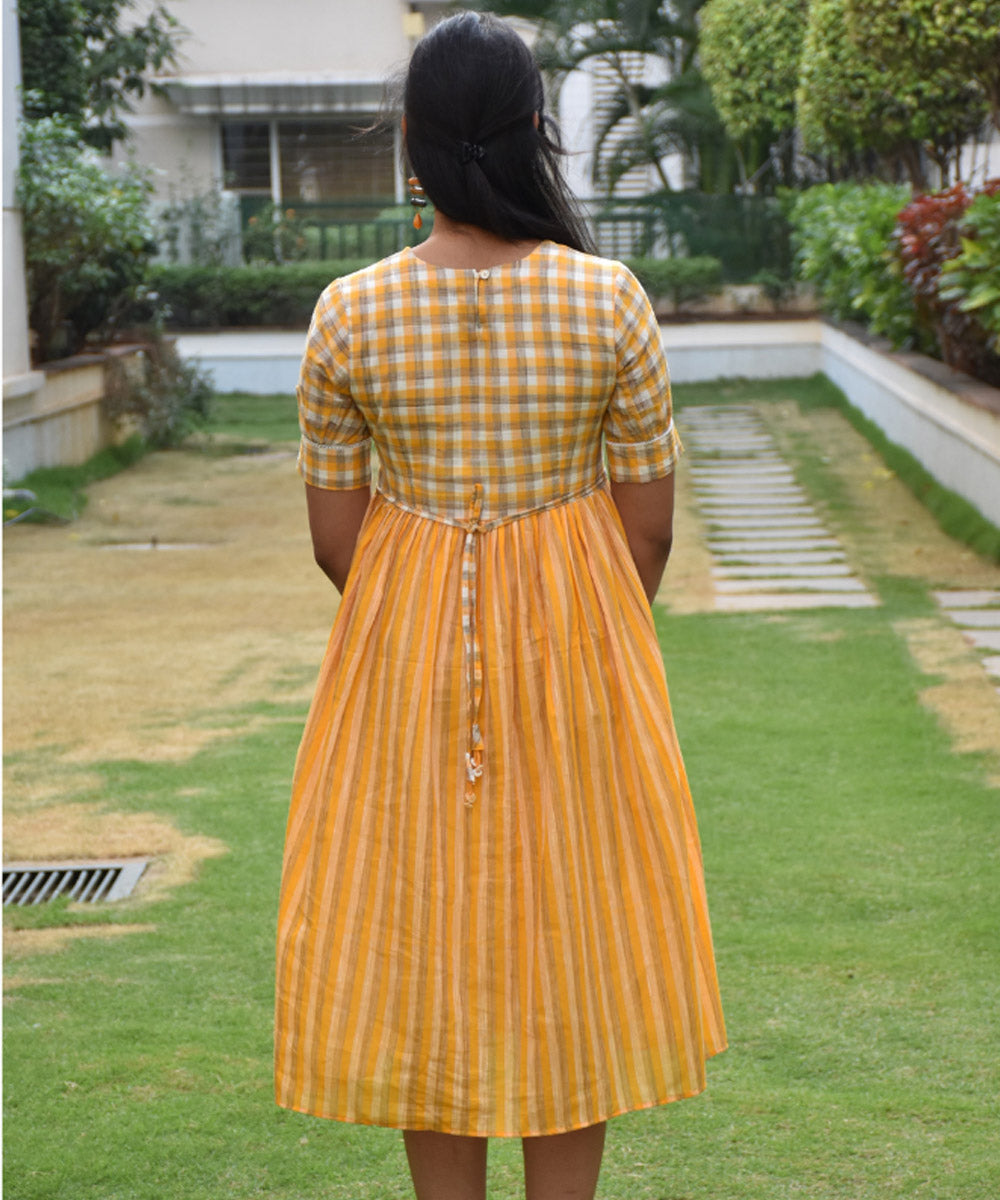 Orange checks and stripes cotton midi dress