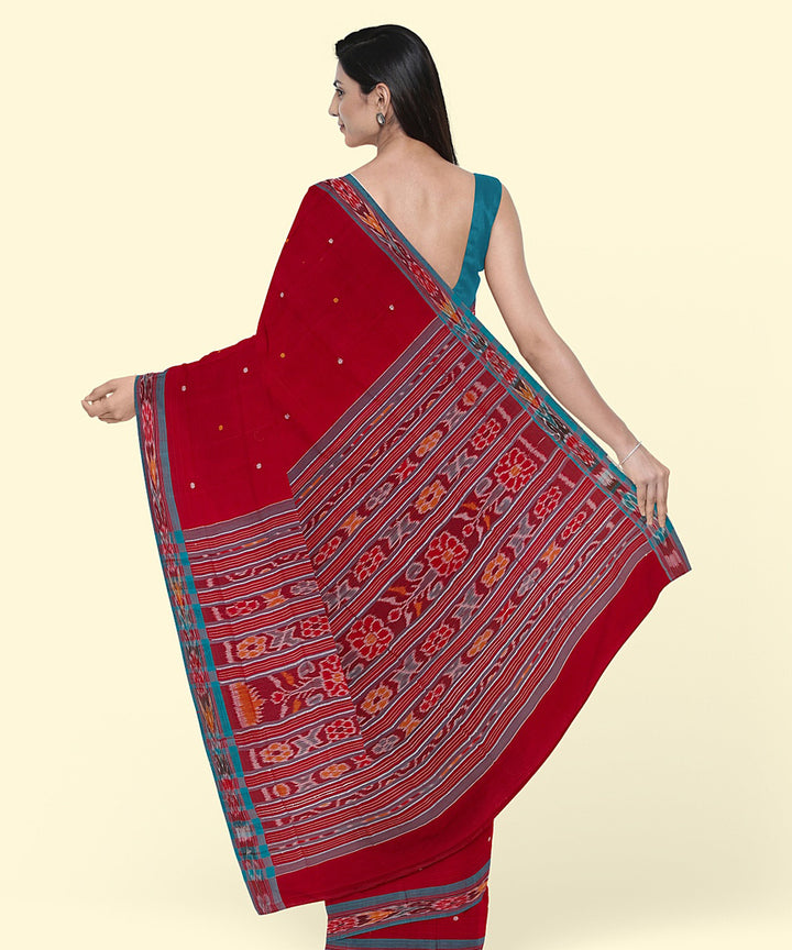 Red cyan blue cotton handwoven nuapatna saree