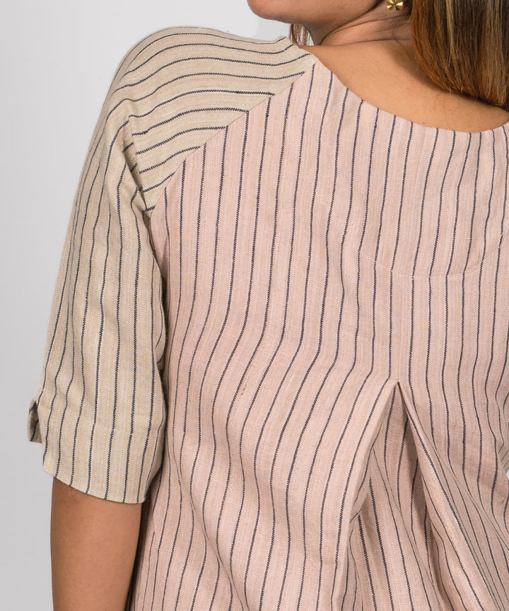 Beige and pink stripes handwoven linen dress