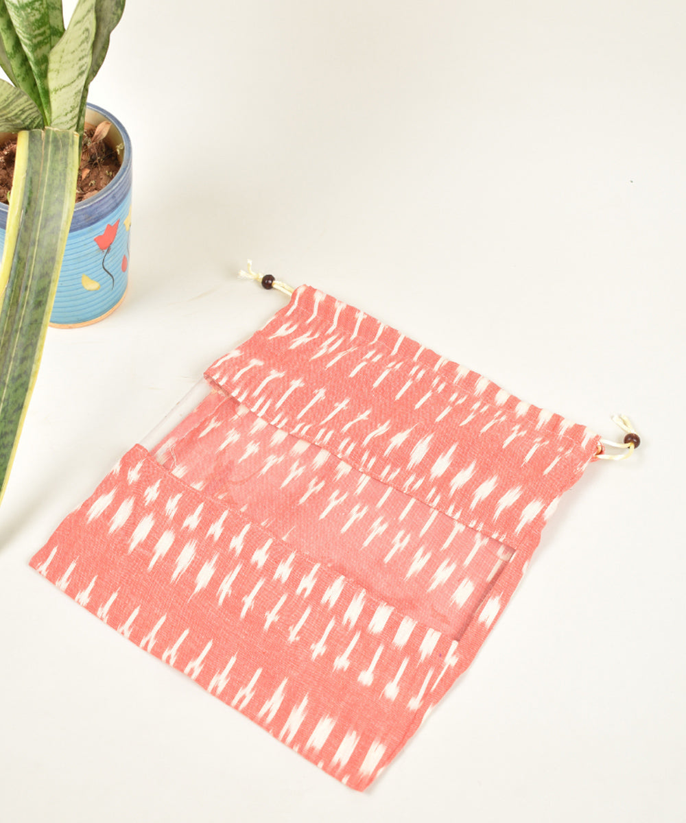 Peach white handcrafted cotton pochampally ikat pouch