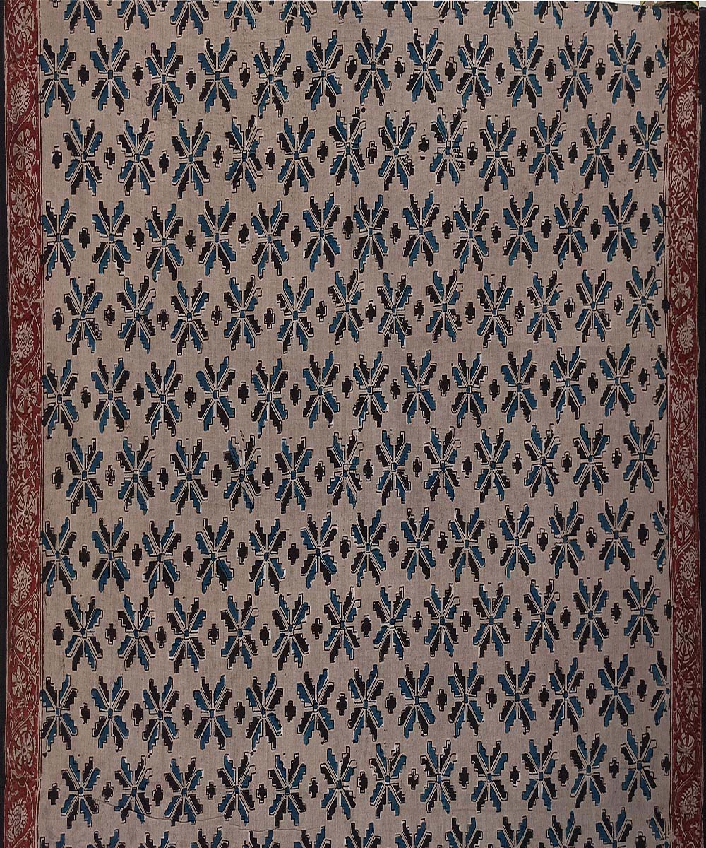 Offwhite blue kalamkari hand printed cotton saree