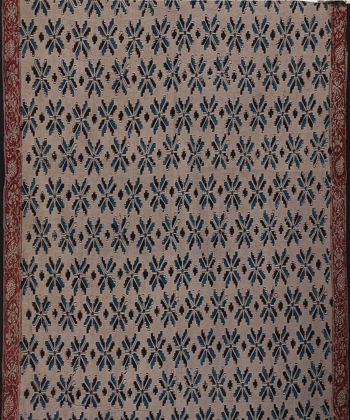 Offwhite blue kalamkari hand printed cotton saree