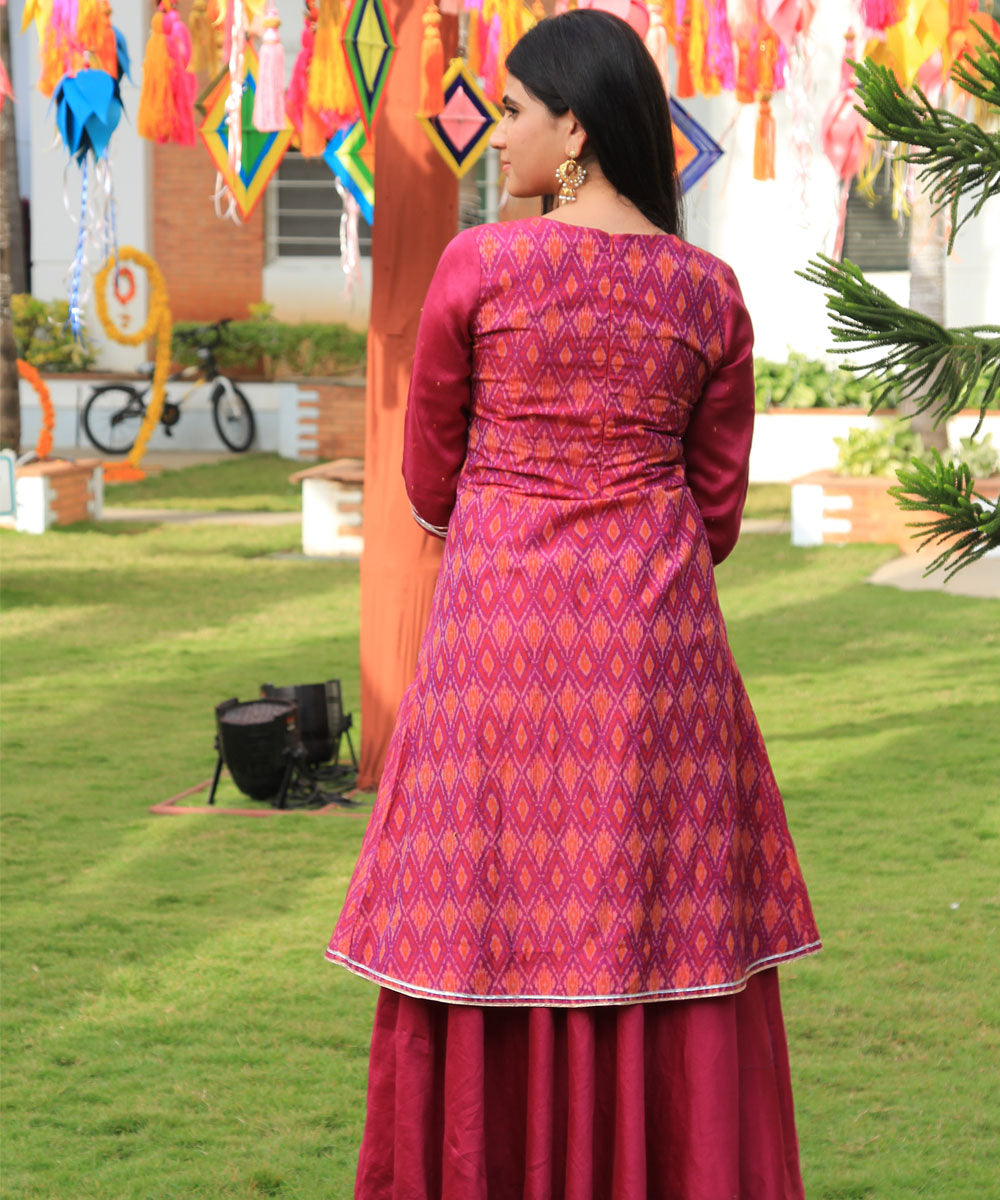 Pink hand embroidery, chanderi, handwoven ikat lehenga set