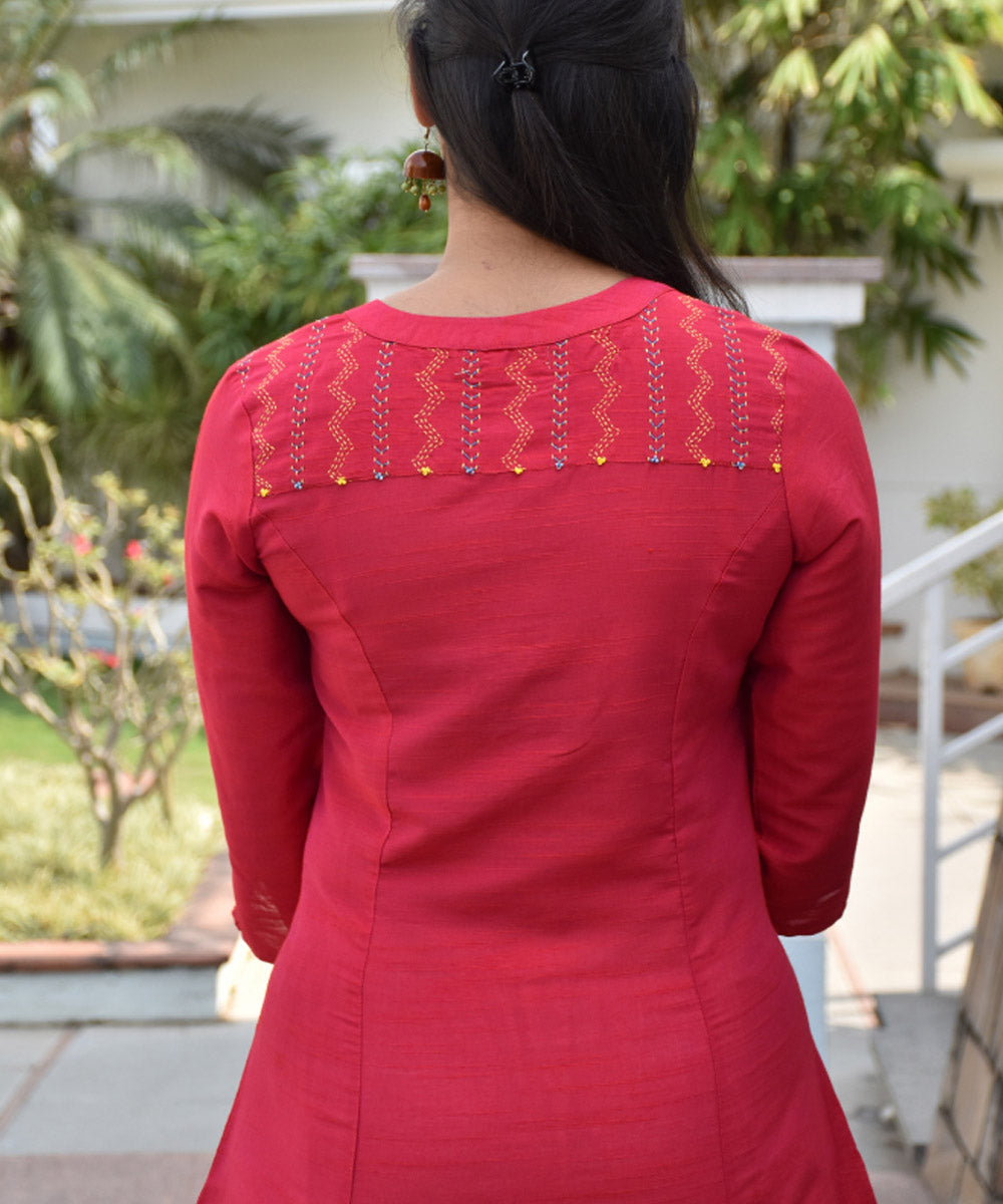 Brick red silk hand embroidery tunic